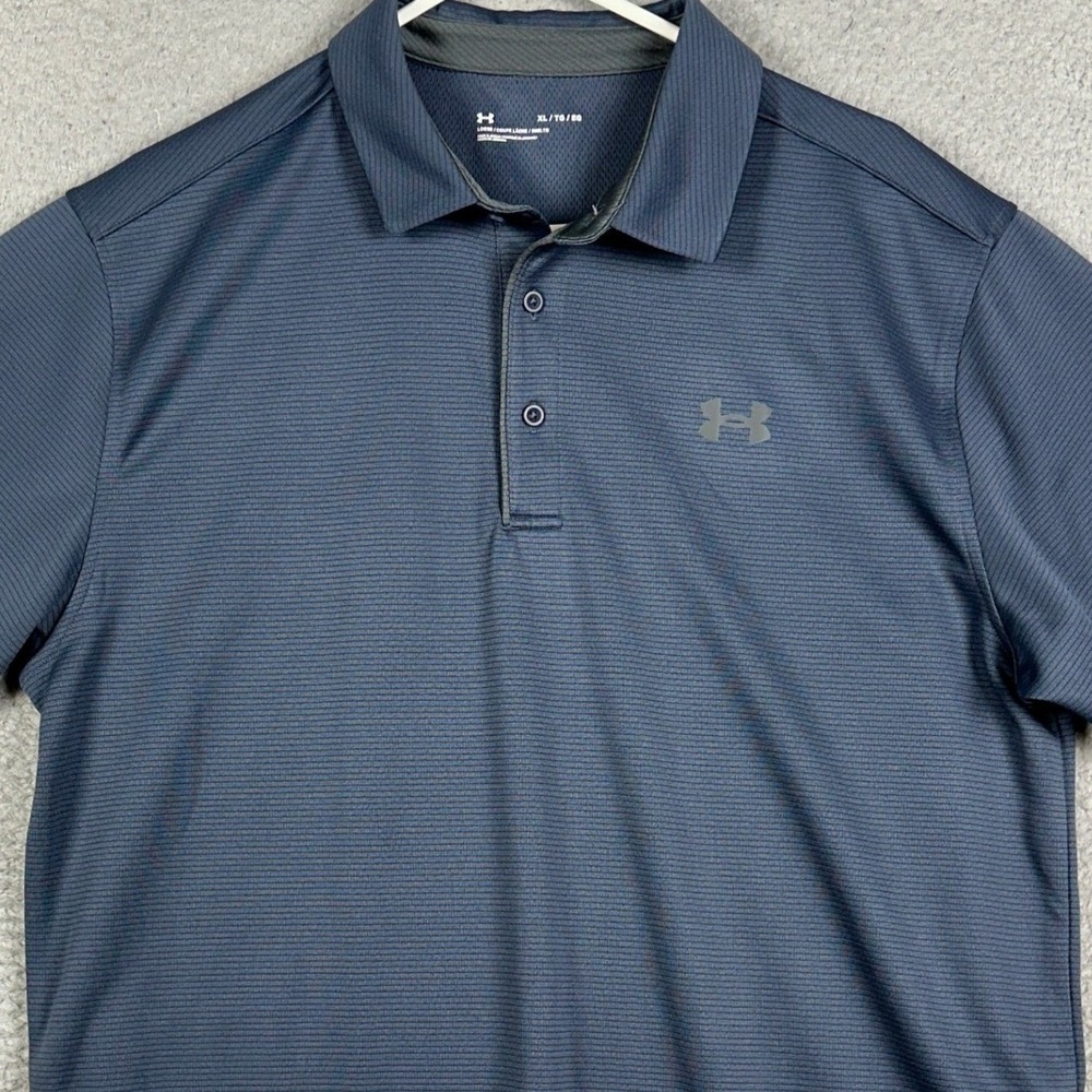 Under Armour Polo Shirt Mens‎ XL Navy Blue Loose Golf Stripes Performance Rugby